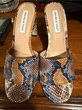 Chelsea & Violet Snake-Print Slide Mules in Brown and Blue